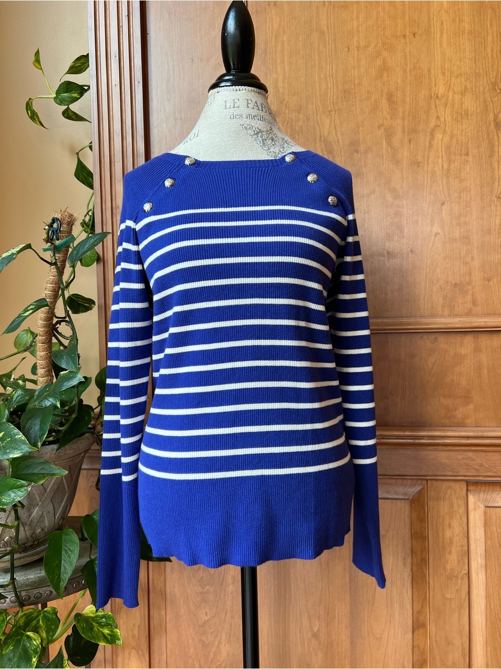 Lauren Ralph Lauren Royal Blue Stripe Ribbed Button Sweater NWT Women’s Large